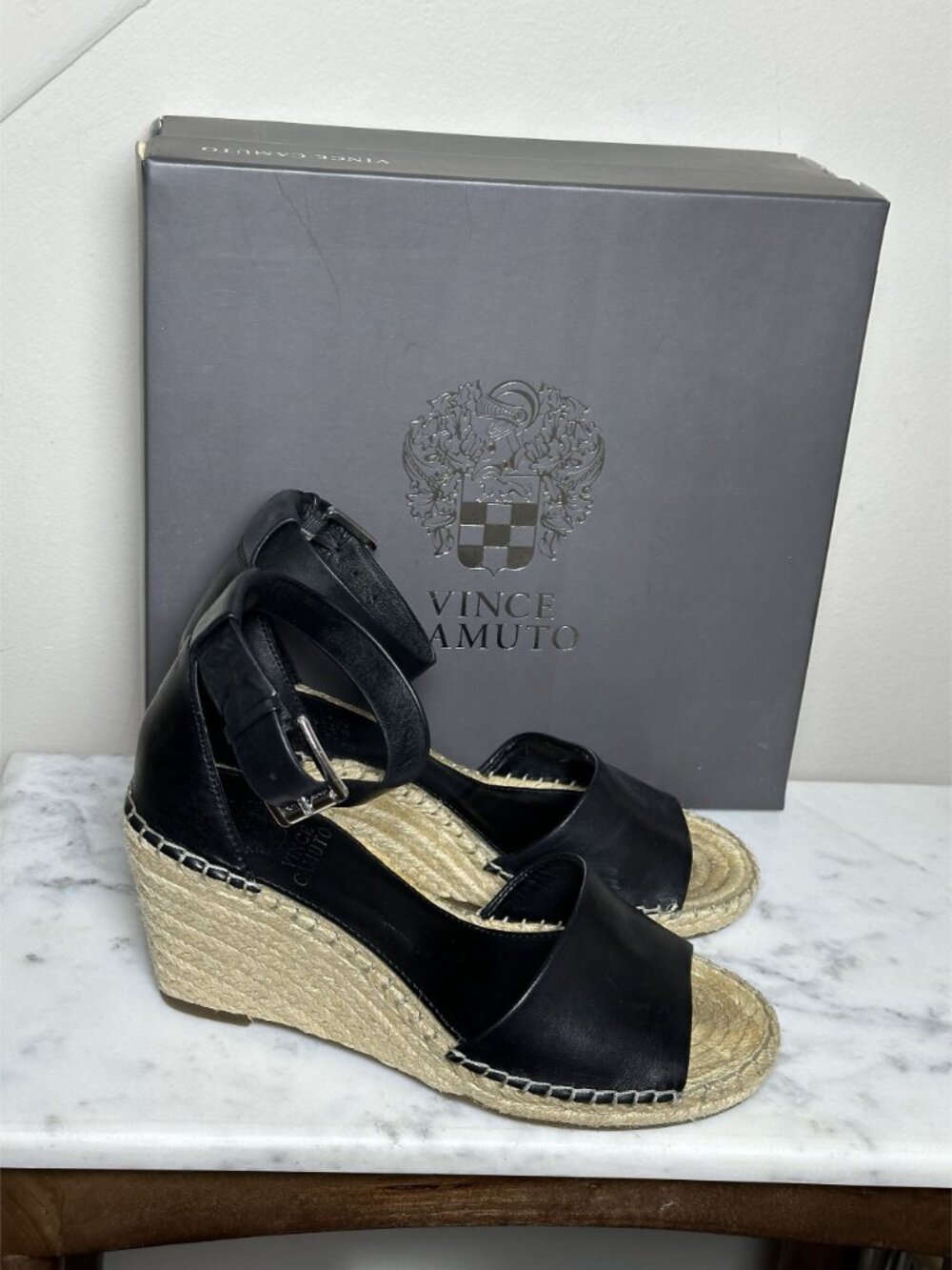 Vince Camuto Black Leather Espadrille Wedge Sandals Sz7.5 Summer Neutral Classic